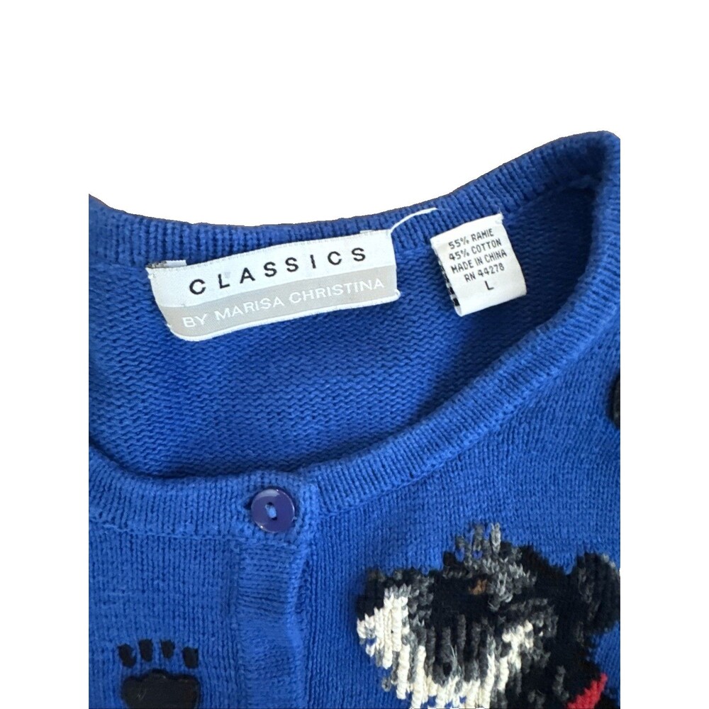 Blue Cardigan Sweater Knit Dogs 1990s Large Vintage Marisa Christina Paw Prints - Picture 2 of 9